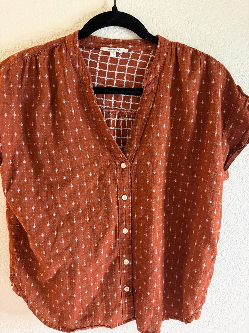 Madewell Rust Button-Front Short-Sleeve Top with White Dot Print